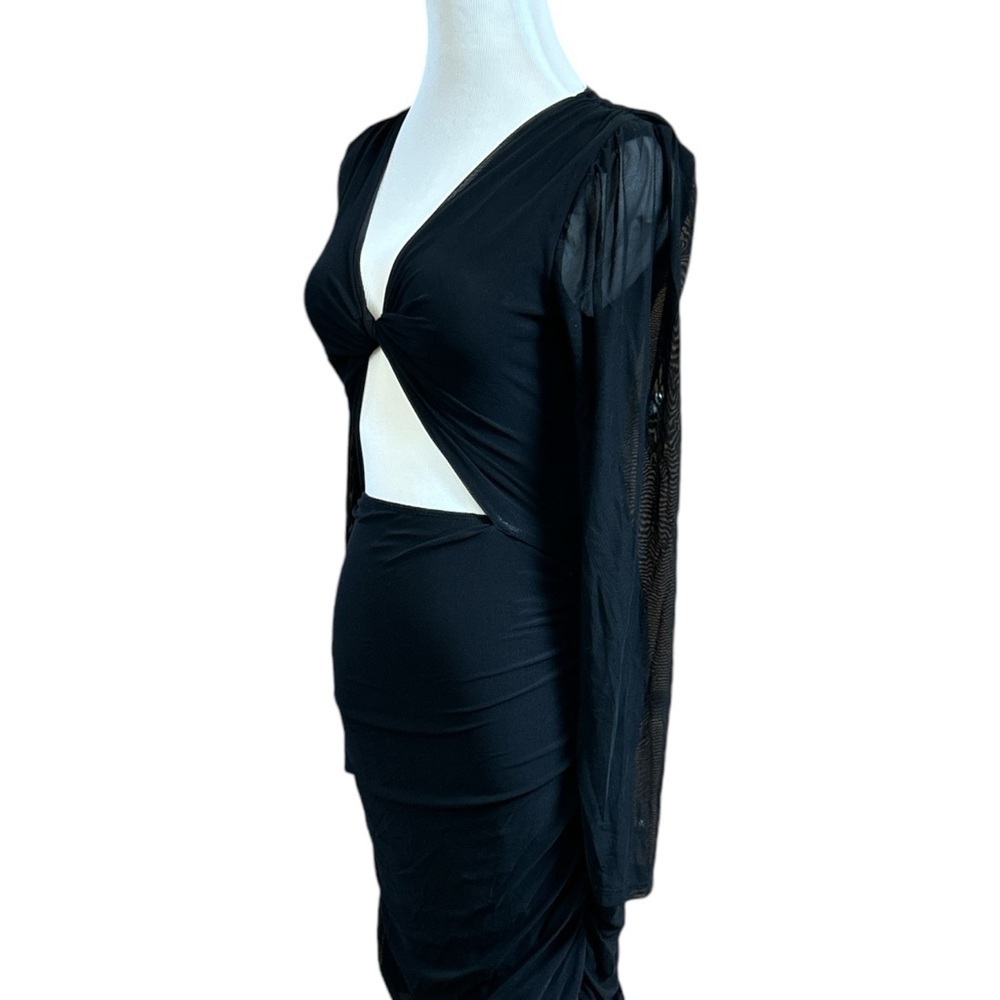 Adika Bodycon Mini Dress Women's Size M Black Stretch Ruched Sheer Sleeve Twist - Picture 2 of 7
